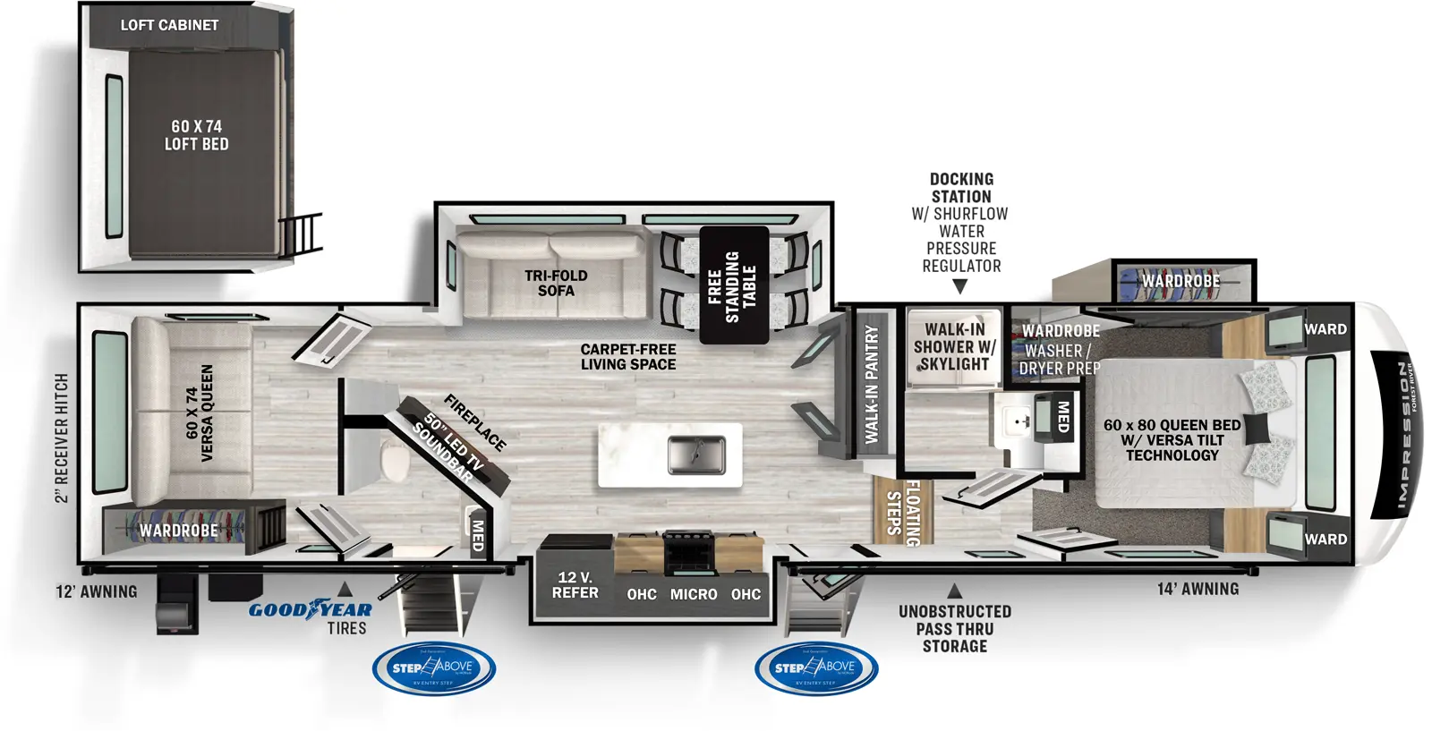 The 330BH has three slideouts and two entries. Exterior features 12 foot and 14 foot awnings, unobstructed pass-thru storage, docking station with shurflow water pressure regulator, goodyear tires, MORryde Step Above Entry Steps, and two inch receiver hitch. Interior layout front to back: front queen bed with wardrobes on either side, off-door side wardrobe slideout, and wardrobe with washer/dryer prep; off-door side aisle bathroom with walk-in shower with skylight and medicine cabinet; floating steps down to living area with carpet-free living space; entry door and walk-in pantry along inner wall; door side slideout with overhead cabinets, microwave, cooktop, oven, and 12 volt refrigerator; off-door side slideout with free standing table and chairs and tri-fold hide-a-bed sofa; kitchen island with sink; door side angled entertainment center with TV, soundbar and fireplace below; rear bunk room with rear versa queen with door side wardrobe and loft bed and cabinet above, and door side aisle half bathroom with second entry.